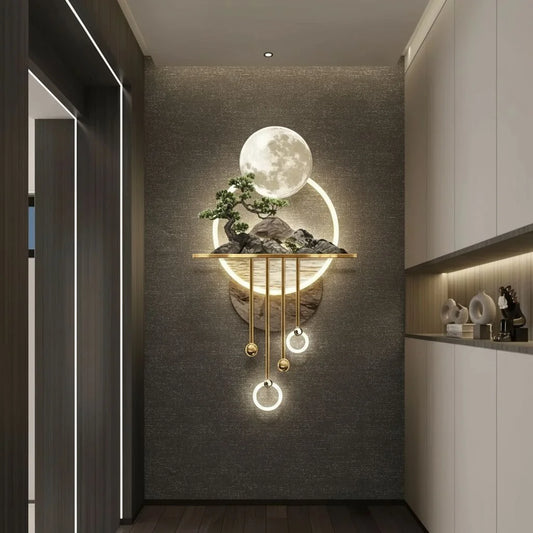 Lunar Harmony LED Wall Art Moonlight Glow with Bonsai & Golden Orbs