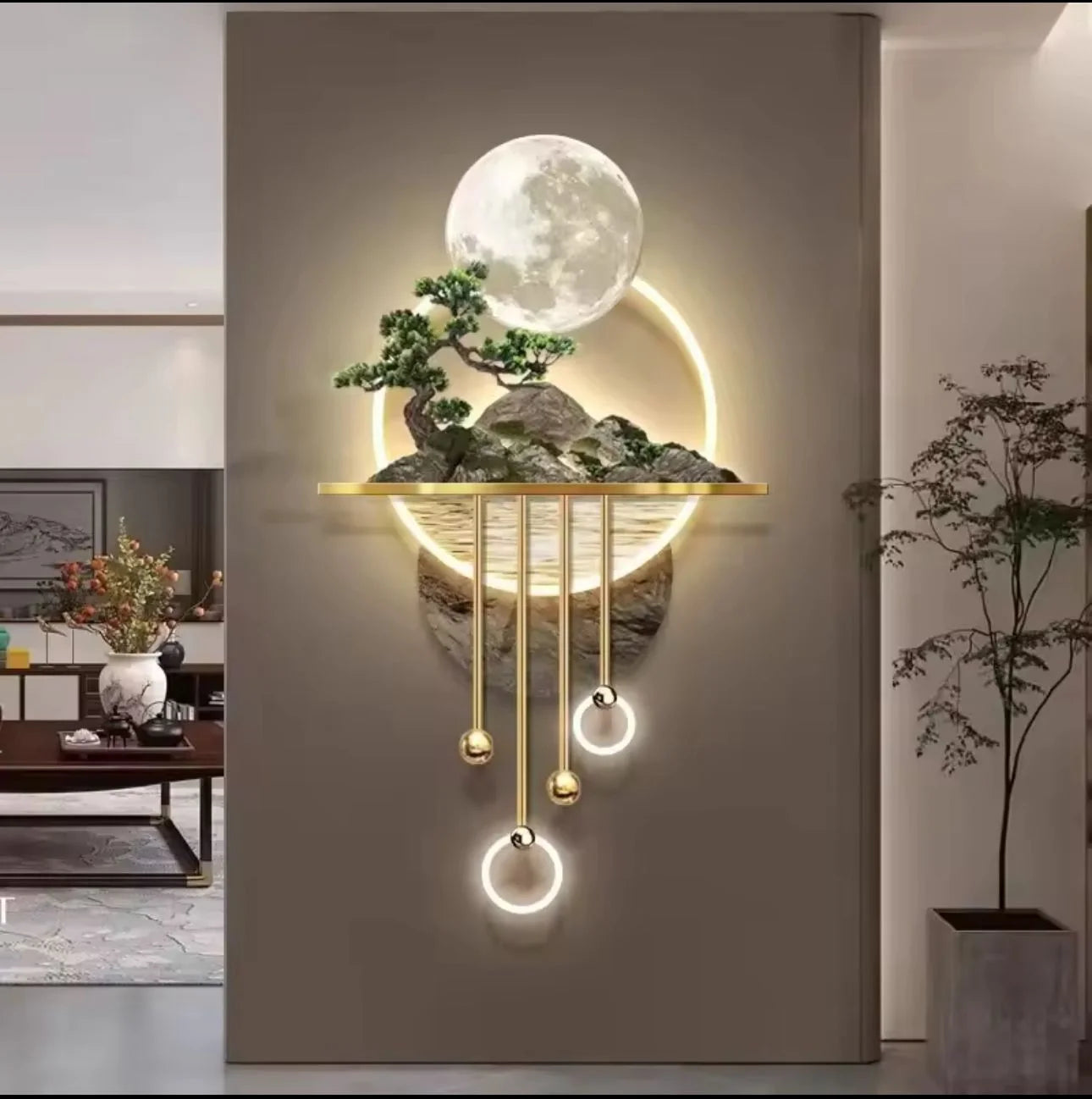 Lunar Harmony LED Wall Art Moonlight Glow with Bonsai & Golden Orbs