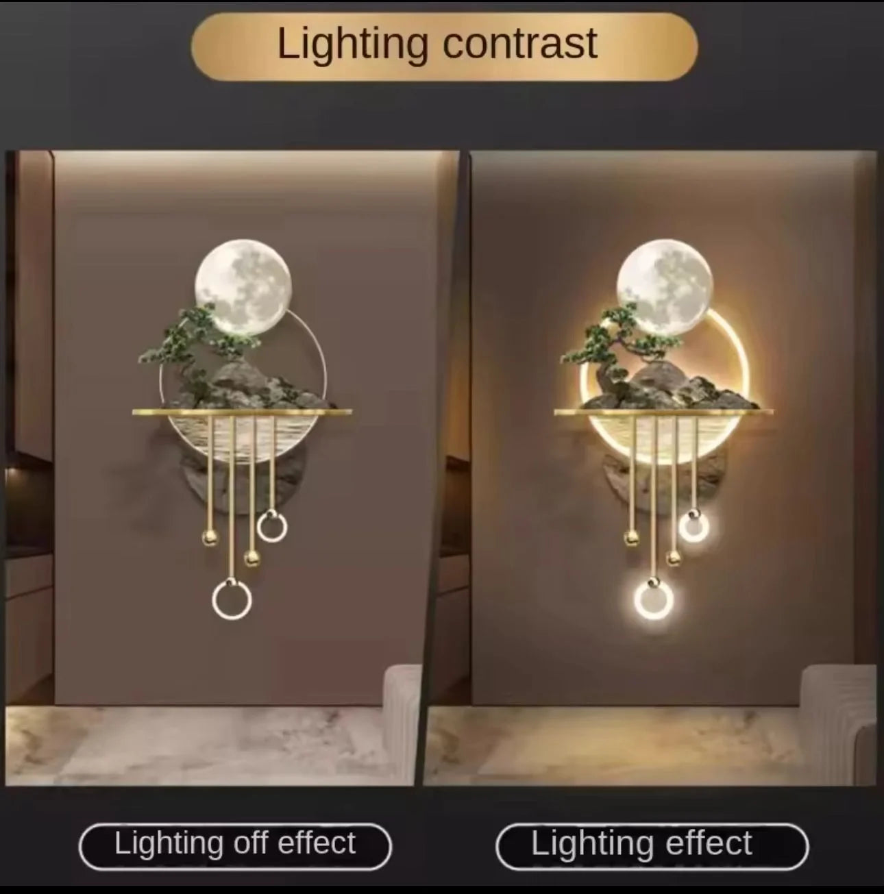 Lunar Harmony LED Wall Art Moonlight Glow with Bonsai & Golden Orbs