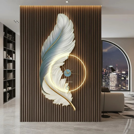 Feather Aura LED Wall Clock White & Teal with Gold Accents