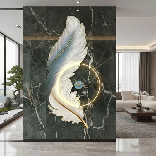 Feather Aura LED Wall Clock White & Teal with Gold Accents