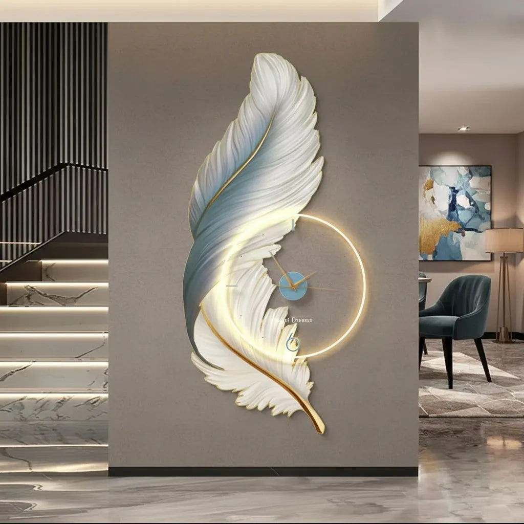 Feather Aura LED Wall Clock White & Teal with Gold Accents