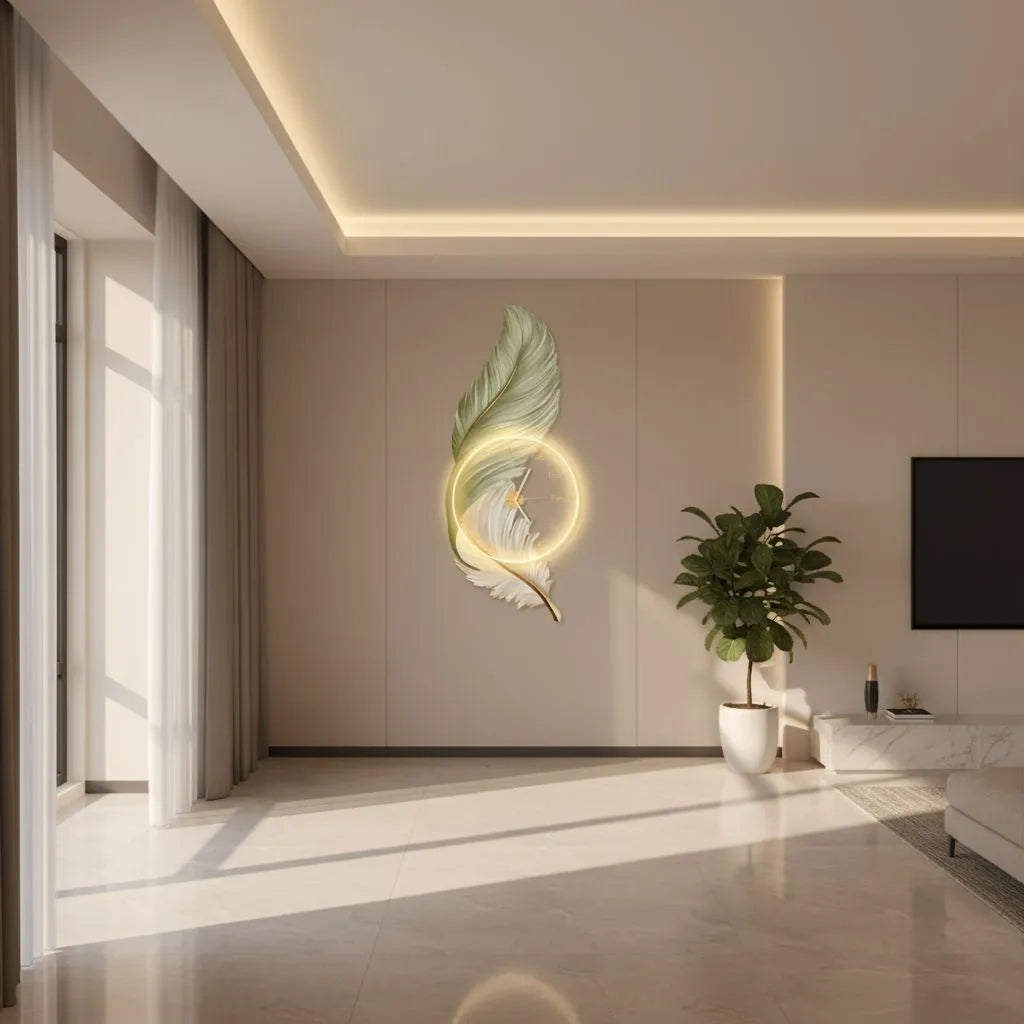 Feather Halo LED Wall Clock Sage Green & Ivory with Gold Accents