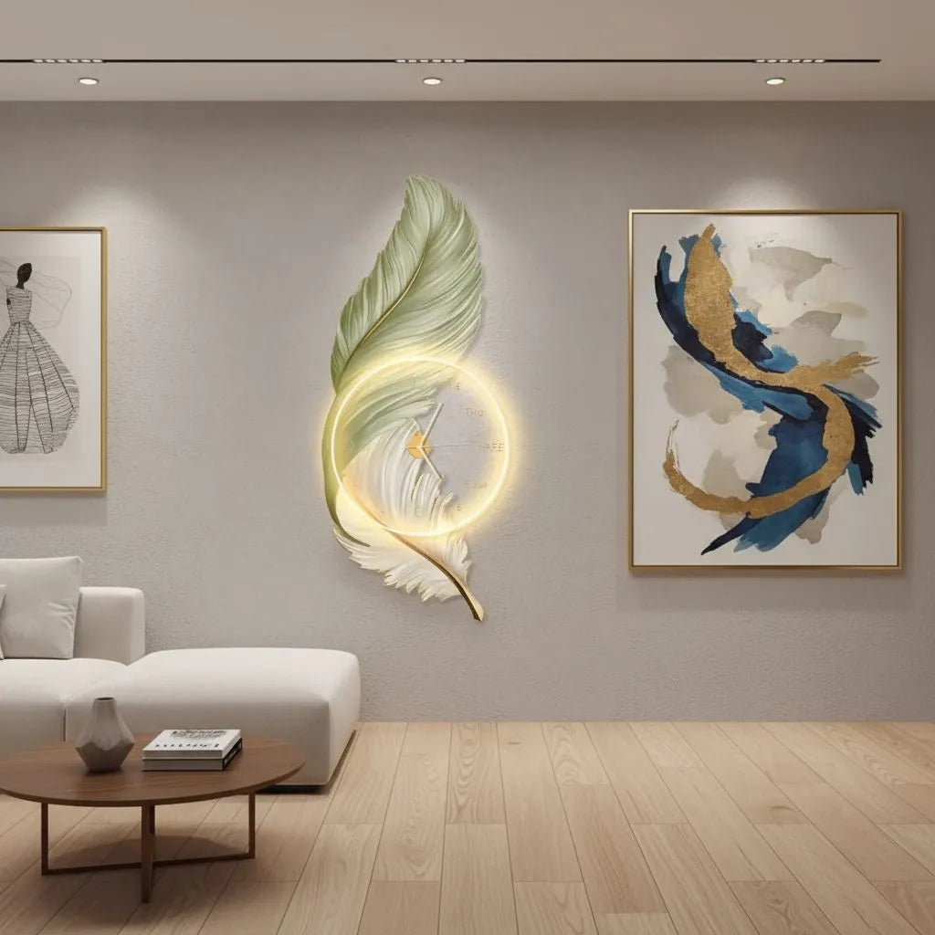 Feather Halo LED Wall Clock Sage Green & Ivory with Gold Accents