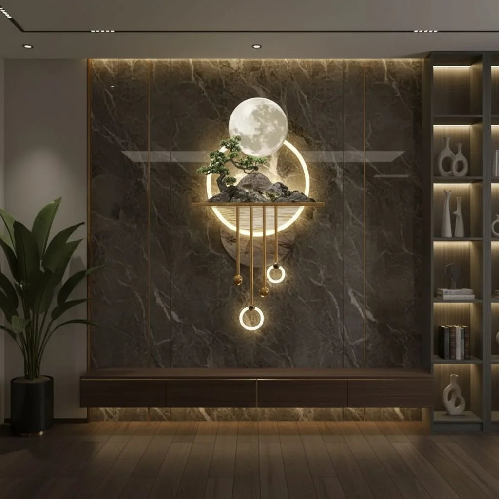 Lunar Harmony LED Wall Art Moonlight Glow with Bonsai & Golden Orbs