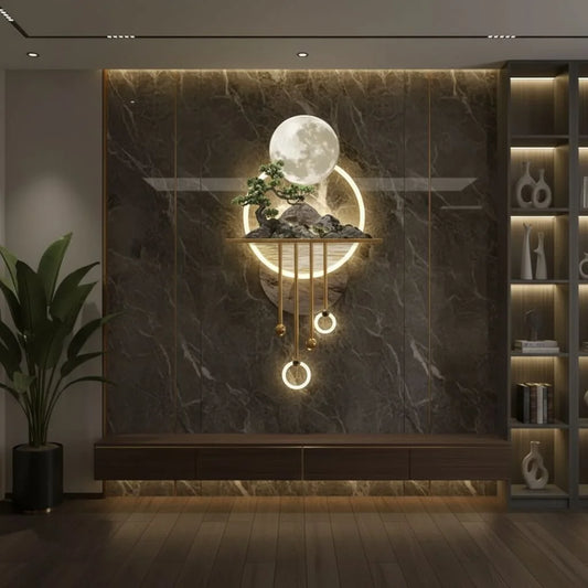 Lunar Harmony LED Wall Art Moonlight Glow with Bonsai & Golden Orbs