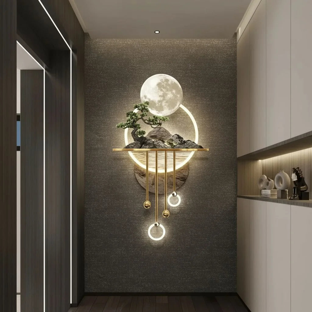 Lunar Harmony LED Wall Art Moonlight Glow with Bonsai & Golden Orbs