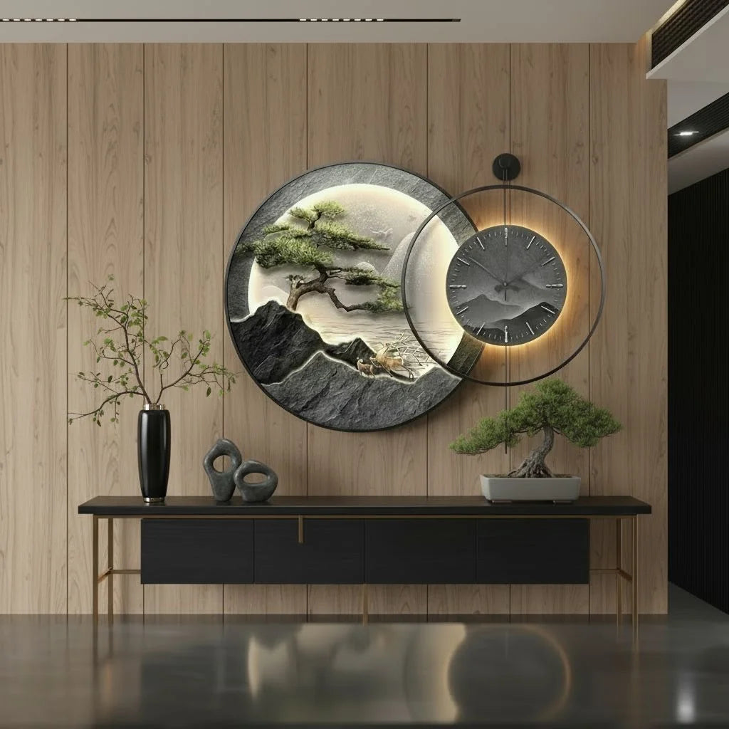 Zen Horizon LED Wall Clock Stone Grey & Olive Green