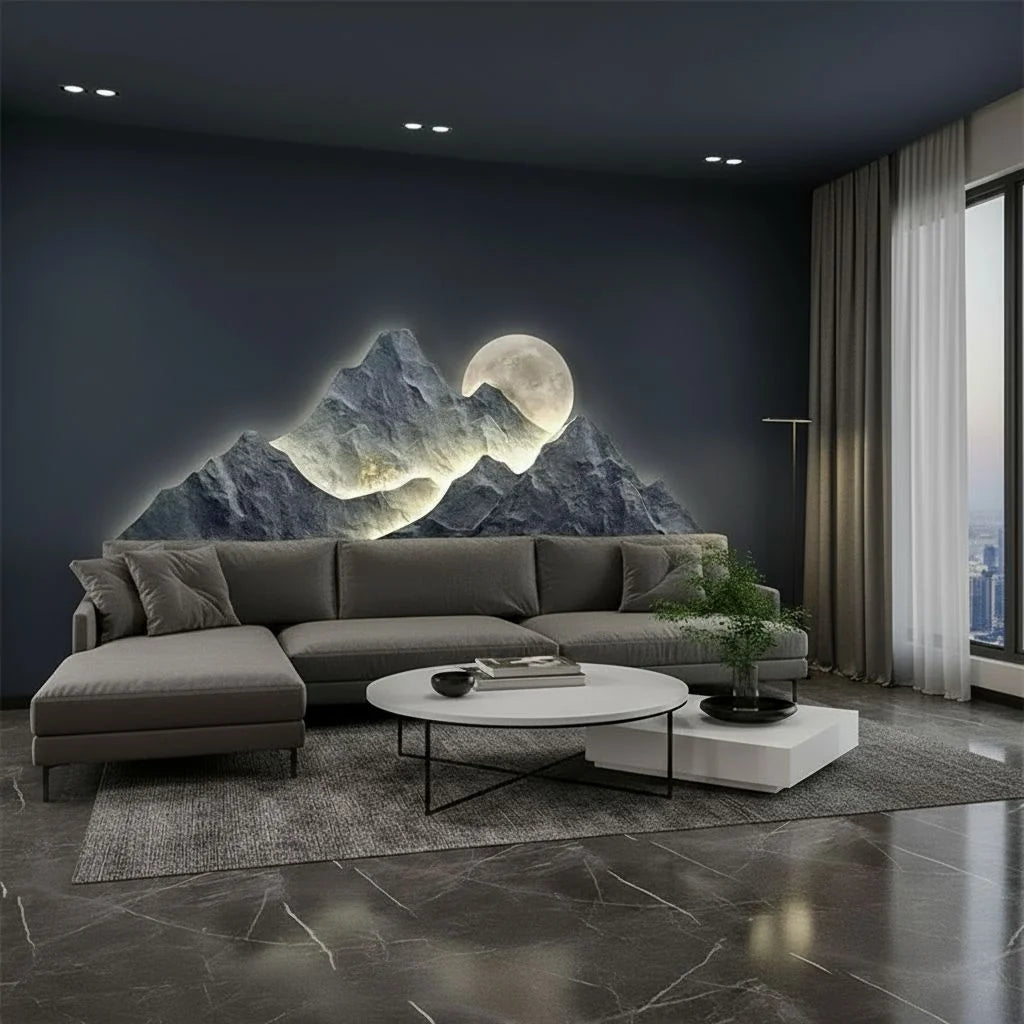 Moonlit Mountain LED Wall Sculpture Charcoal Grey with Warm Glow