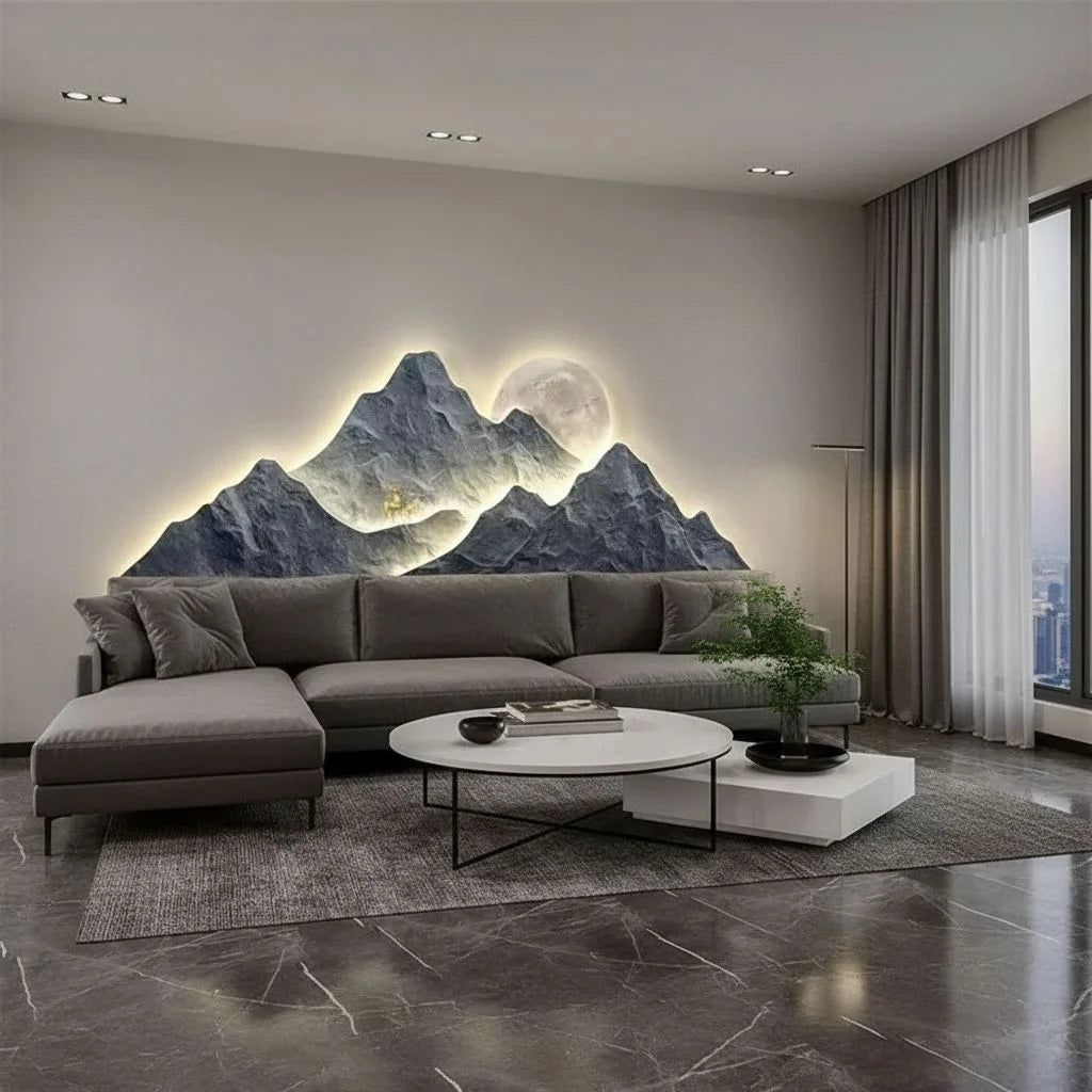 Moonlit Mountain LED Wall Sculpture Charcoal Grey with Warm Glow