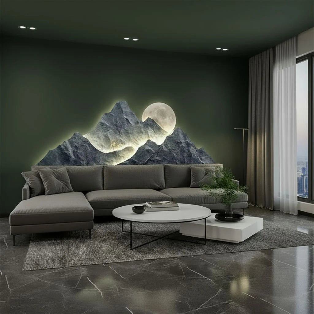 Moonlit Mountain LED Wall Sculpture Charcoal Grey with Warm Glow