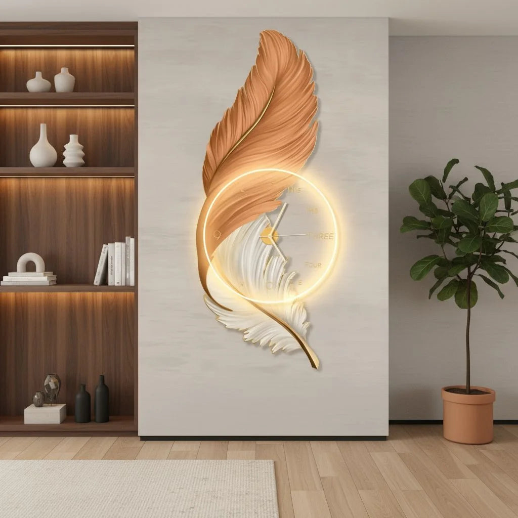 Feather Glow LED Wall Clock Caramel Gold & Ivory Elegance